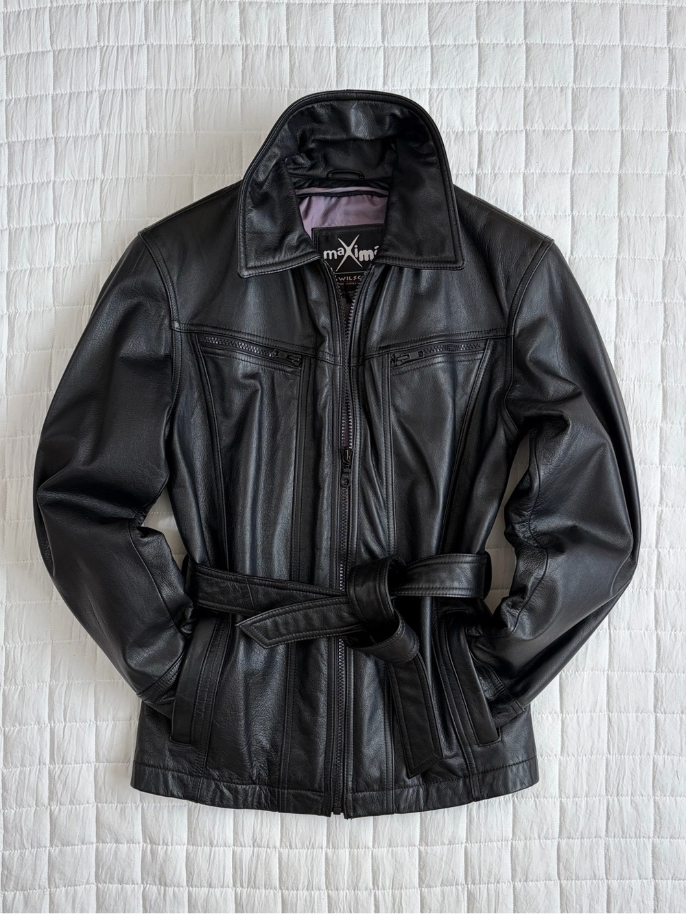 VTG Wilsons Maxima Black Leather Womens Belted Motorcycle Jacket 90s Y2K Size XS